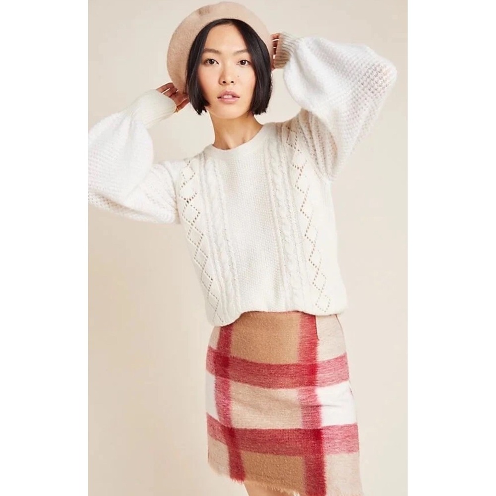 Anthropologie Cream Cable Knit‎ Puff Sleeve Sweater Ivory Pointelle Pullover M